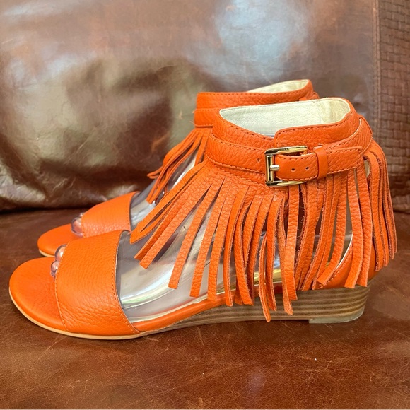 Michael Kors Leather & Ankle Strap & Fringe & Low Wedge Sandals - Picture 3 of 14